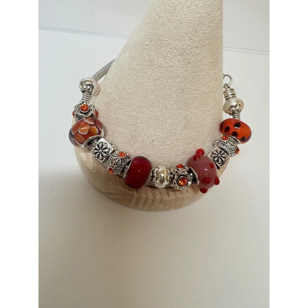 Red Orange Glass Lampwork Charm Bracelet Silver Tone Snake Chain Floral Accents